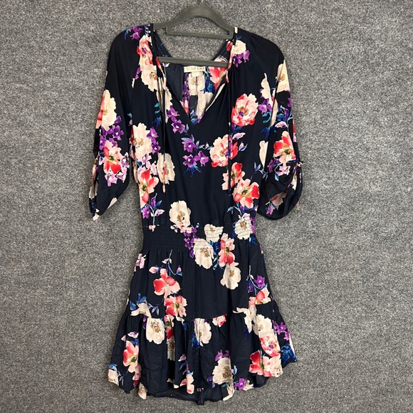 Yumi Kim Floral Dress Navy Blue Pink Purple Smocked Waist V Neck M Medium - Picture 1 of 9